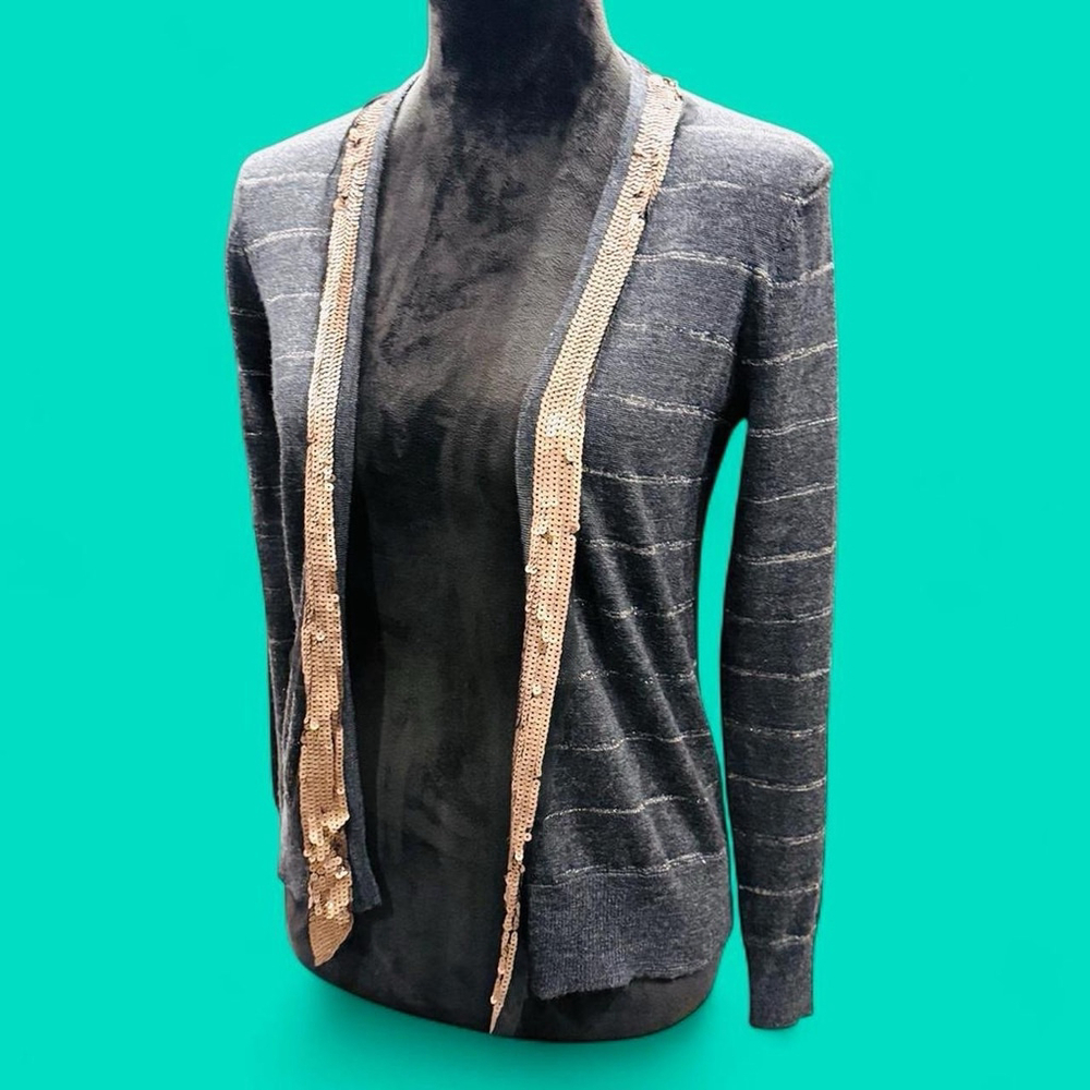 Ann Taylor LOFT Petites XSP Cardigan Gray Sequin Trim Open Front Wool Blend